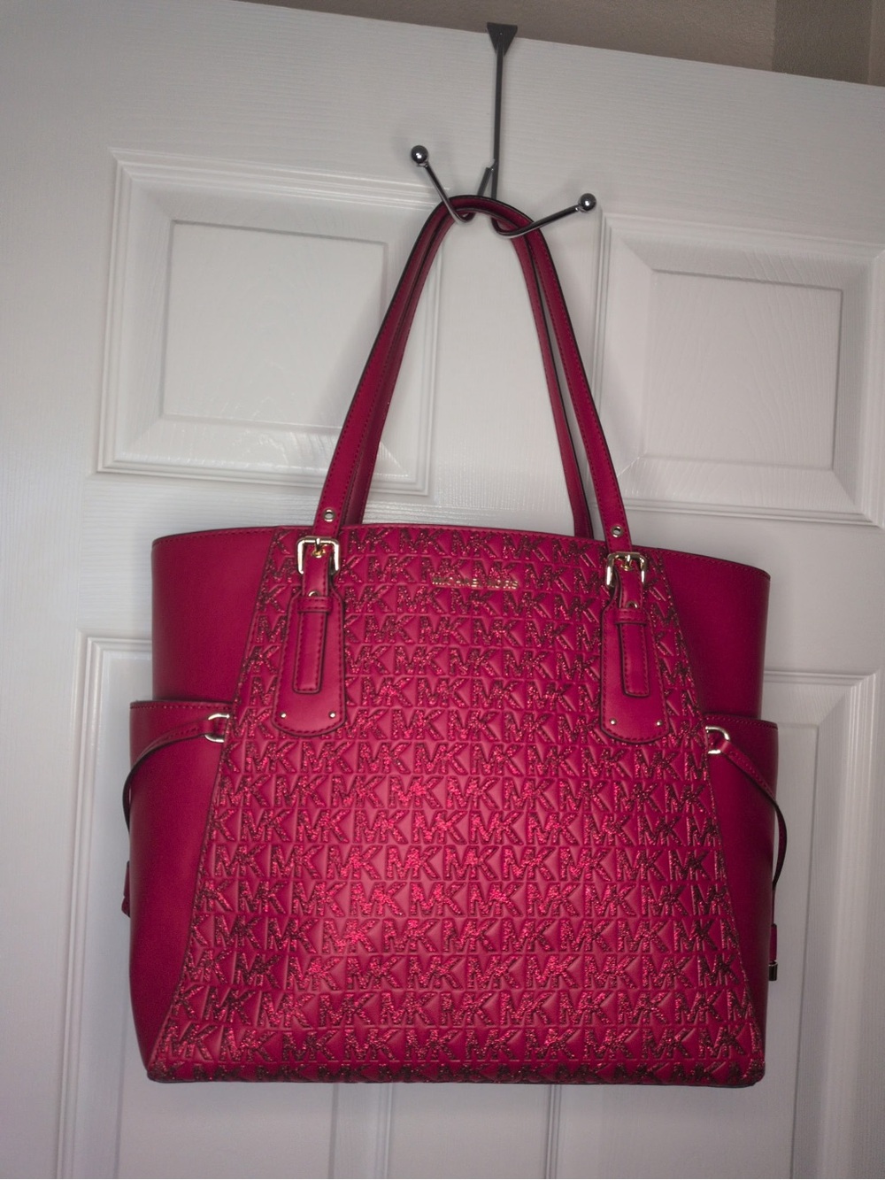 Michael Kors Voyager Crimson MK Monogram Tote with glitter